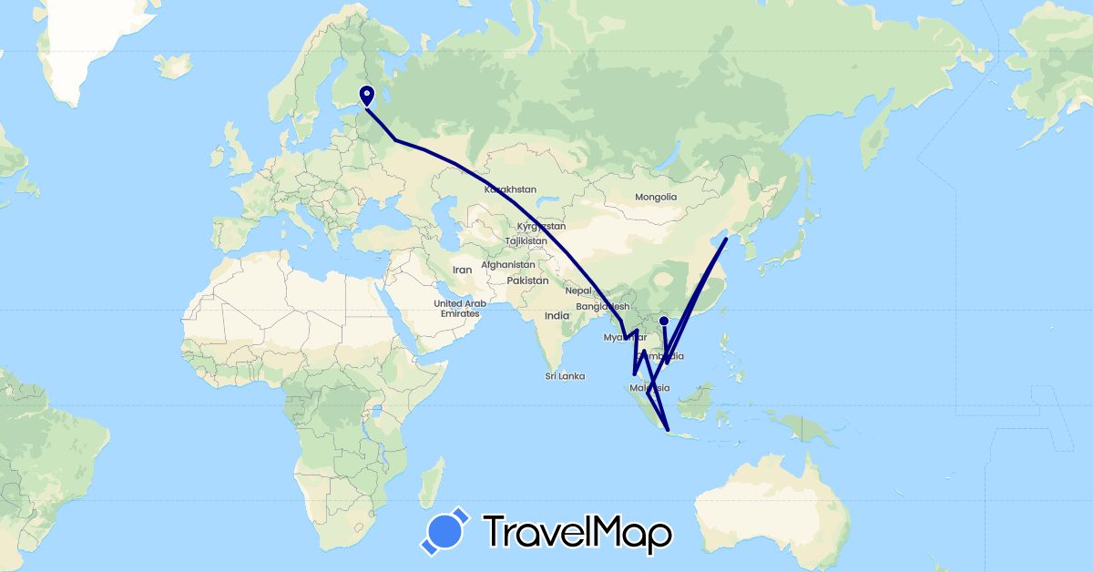 TravelMap itinerary: driving in China, Indonesia, Myanmar (Burma), Malaysia, Russia, Thailand, Vietnam (Asia, Europe)